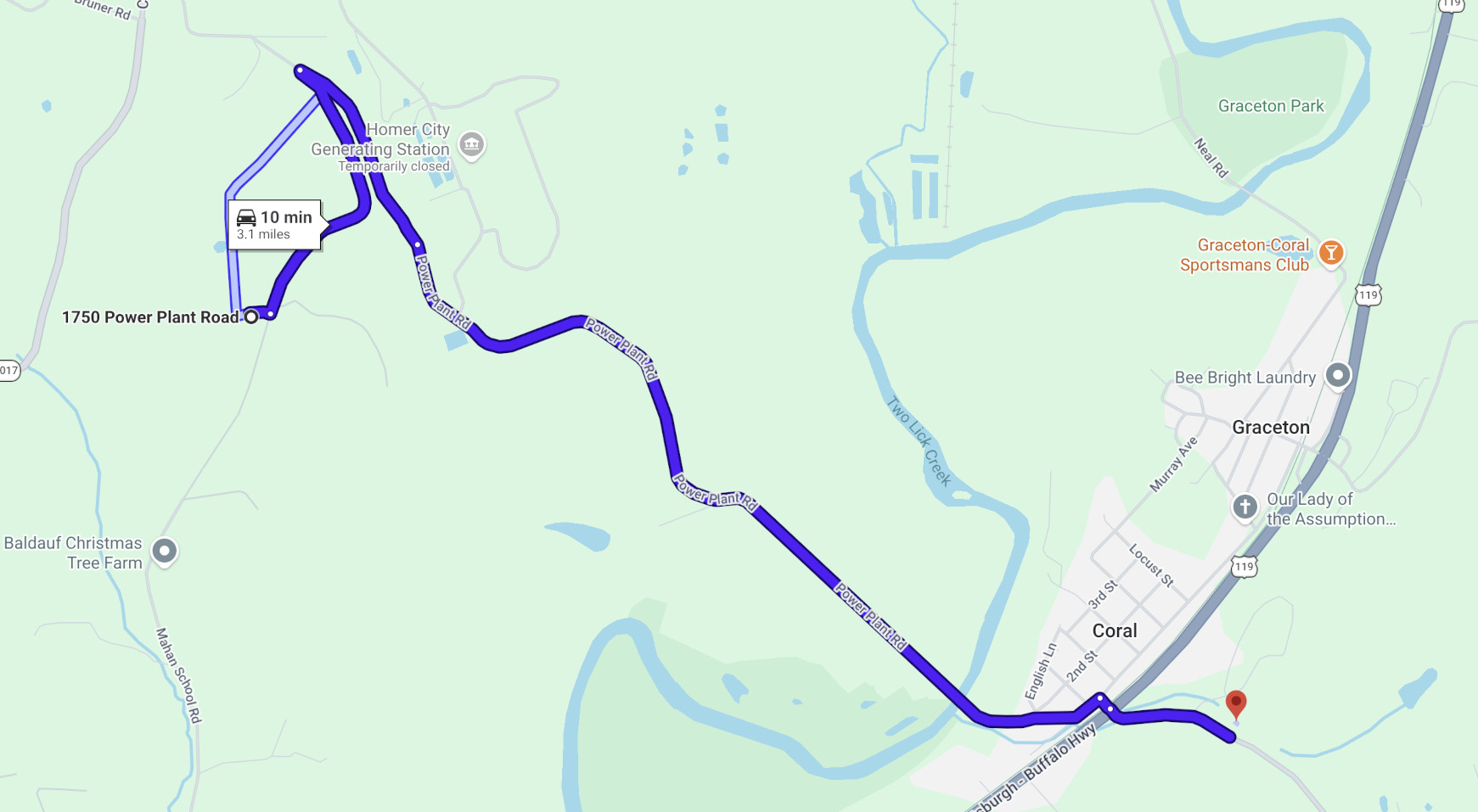 Map showing distance from Frontier Data Center to Elmdale RV Park